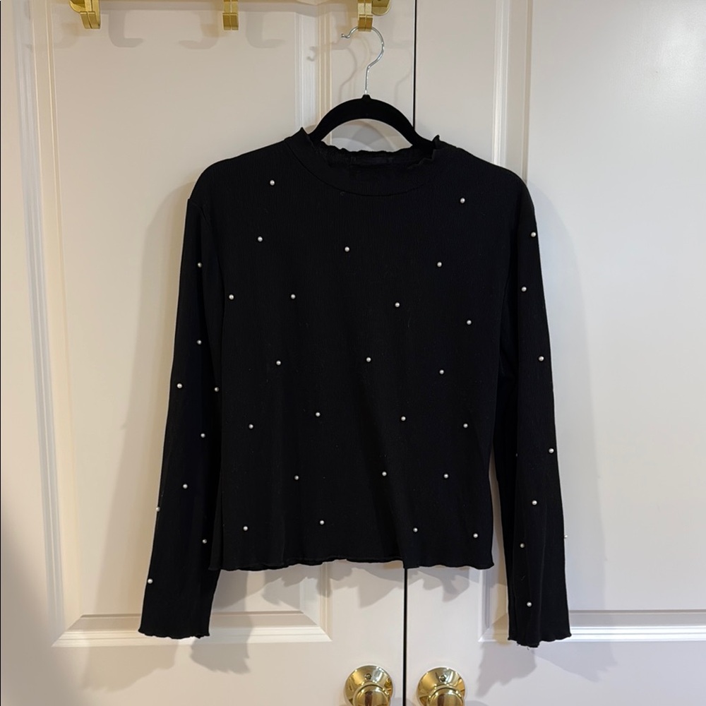 Black Long Sleeve Top with Pearl Accents